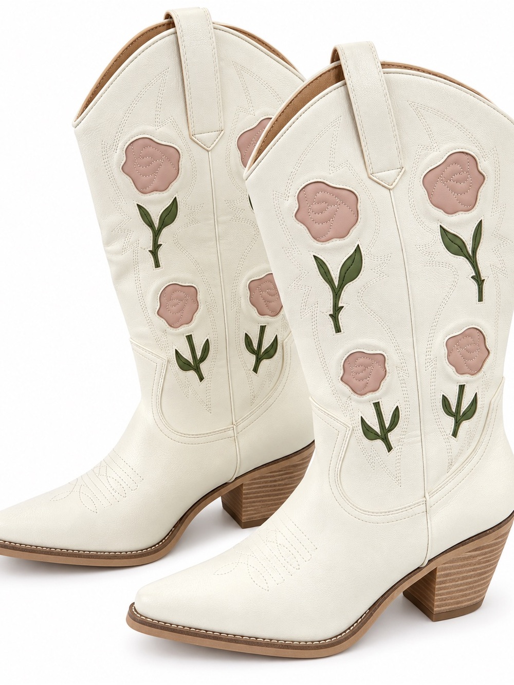 Cream Floral Appliqué Western Boot with Pink Accents